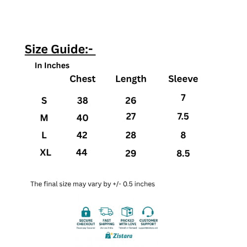 Zistara unisex t-shirt size chart in inches chest length
