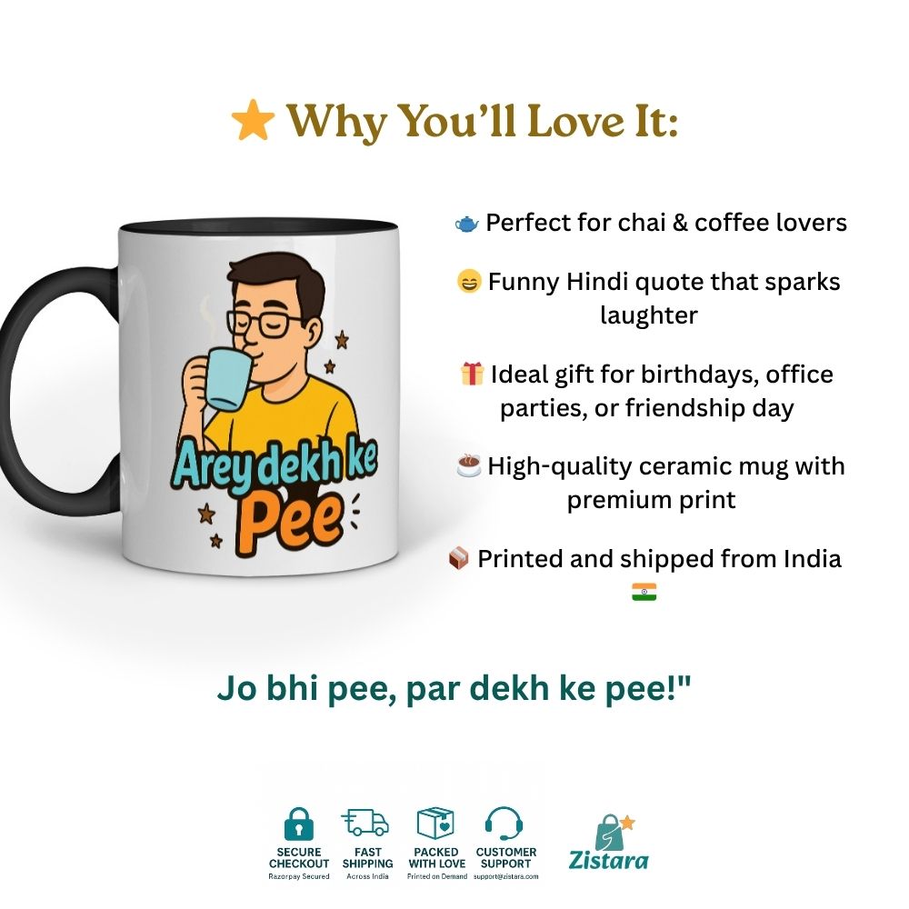 Mug with a humorous design and text, featuring a cartoon character and a Hindi quote, on a white background.