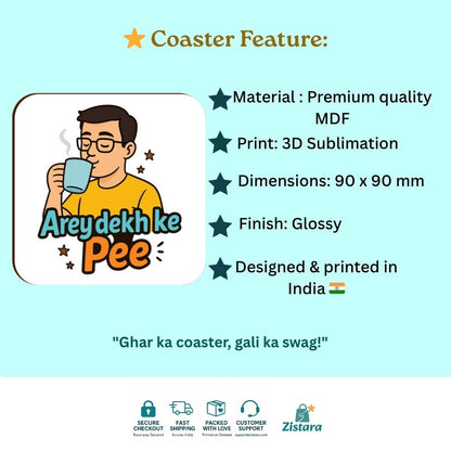Coaster feature card with a cartoon character holding a mug and text about product details on a light blue background.