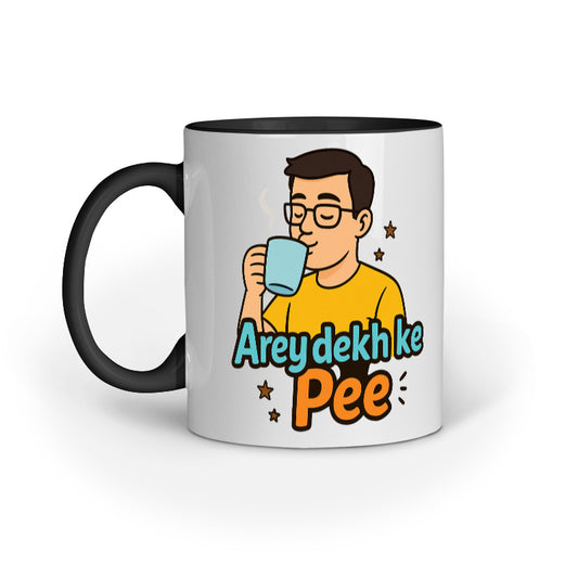 Close-up of "Arey Dekh Ke Pee" funny Hindi quote and chai drinker cartoon on a two-toned ceramic mug