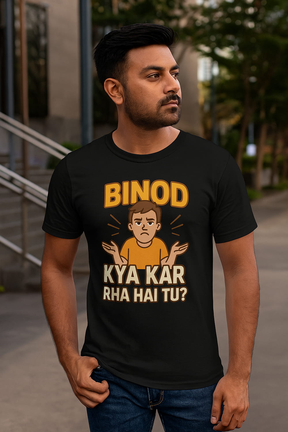 Funny Hindi t-shirt lifestyle mockup for men - Binod design