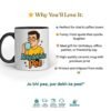 Mug with a humorous design and text, featuring a cartoon character and a Hindi quote, on a white background.