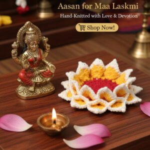 Divine Crochet Lotus Aasan for Maa Laskmi on a wooden surface with decorative elements.