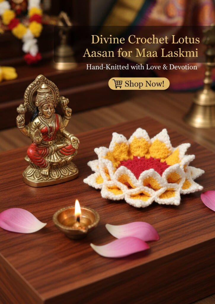 Home 8 Divine Crochet Lotus Aasan for Maa Laskmi on a wooden surface with decorative elements.
