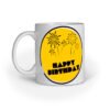 Coffee Mug Sublimation Design Mockup Left View White ceramic mug with Happy Birthday and yellow fireworks design – front view
