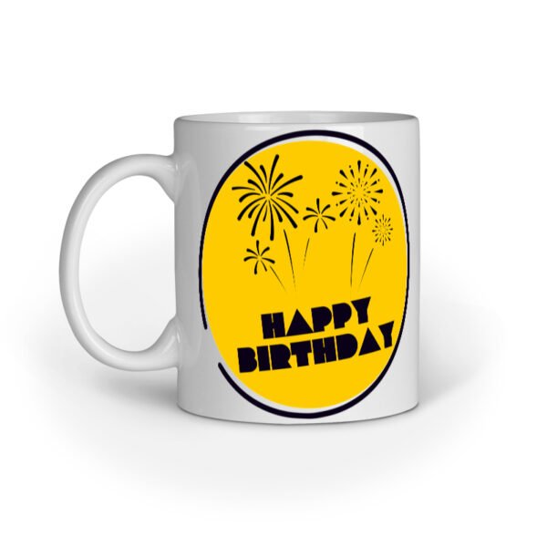 Coffee Mug Sublimation Design Mockup Left View White ceramic mug with Happy Birthday and yellow fireworks design – front view